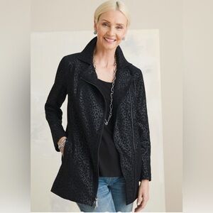 NWOT Chico’s Elongated Faux Leather Suede Black Leopard Print Moto Jacket